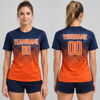 Custom Navy Sublimated Soccer Jersey with Orange and White Lettering worn by female model