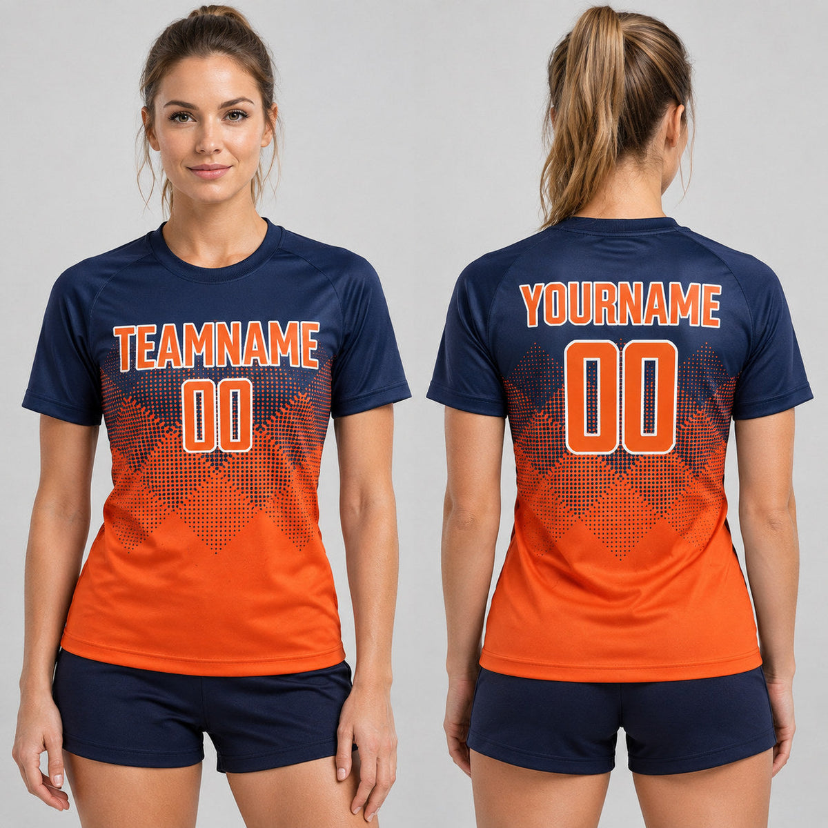 Custom Navy Sublimated Soccer Jersey with Orange and White Lettering worn by female model