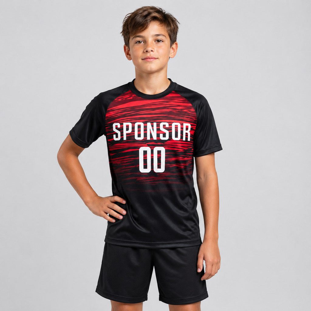 Custom Black Sublimated Soccer Jersey with White and Red Lettering Design 0508 youth size worn by child model