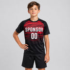 Custom Black Sublimated Soccer Jersey with White and Red Lettering Design 0508 youth size worn by child model