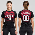 Custom Black Sublimated Soccer Jersey with White and Red Lettering Design 0508 worn by female model