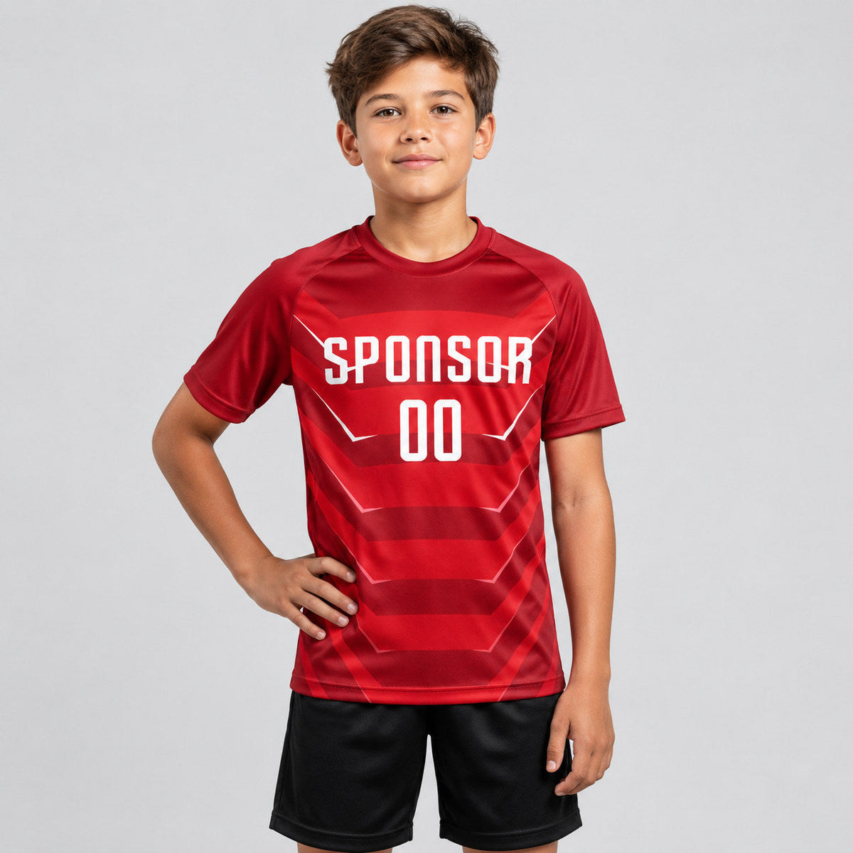 Custom Red Sublimated Soccer Jersey with White Lettering Design 0476 youth size worn by child model