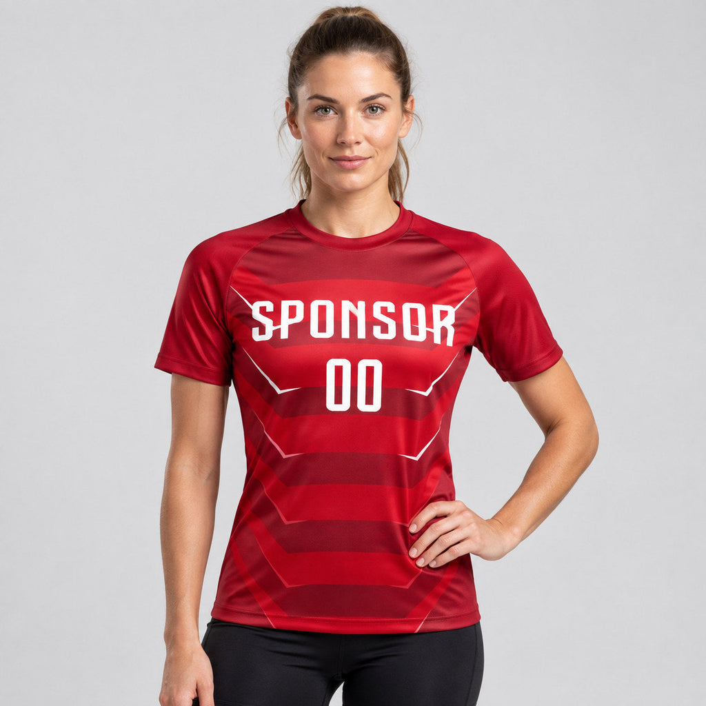 Custom Red Sublimated Soccer Jersey with White Lettering Design 0476 worn by female model