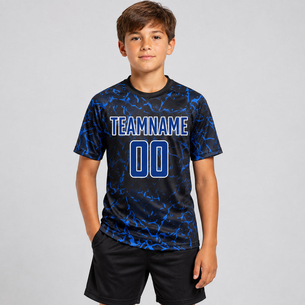 Custom Black Sublimated Soccer Jersey with Royal and White Lettering Design 0243 youth size worn by child model