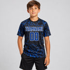 Custom Black Sublimated Soccer Jersey with Royal and White Lettering Design 0243 youth size worn by child model