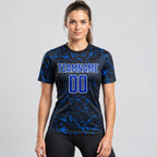 Custom Black Sublimated Soccer Jersey with Royal and White Lettering Design 0243 worn by female model