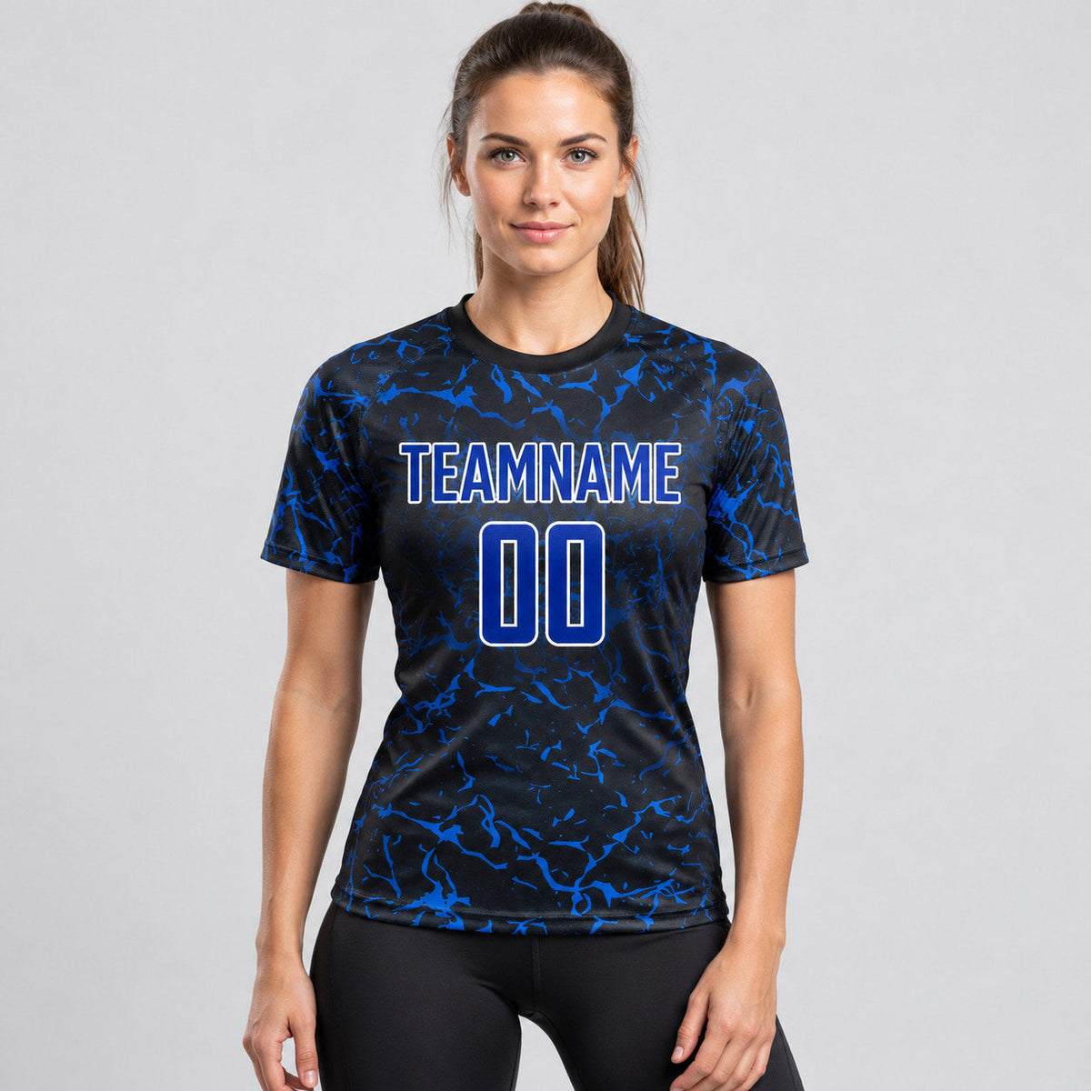 Custom Black Sublimated Soccer Jersey with Royal and White Lettering Design 0243 worn by female model