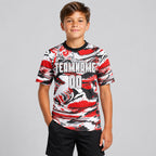 Custom White and Red Figure Sublimated Soccer Jersey Design 0759 youth size worn by child model