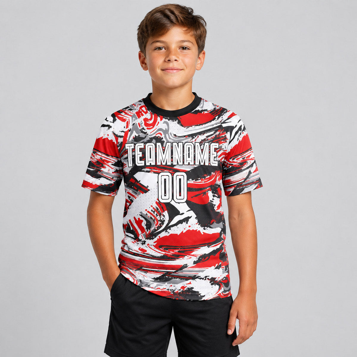 Custom White and Red Figure Sublimated Soccer Jersey Design 0759 youth size worn by child model