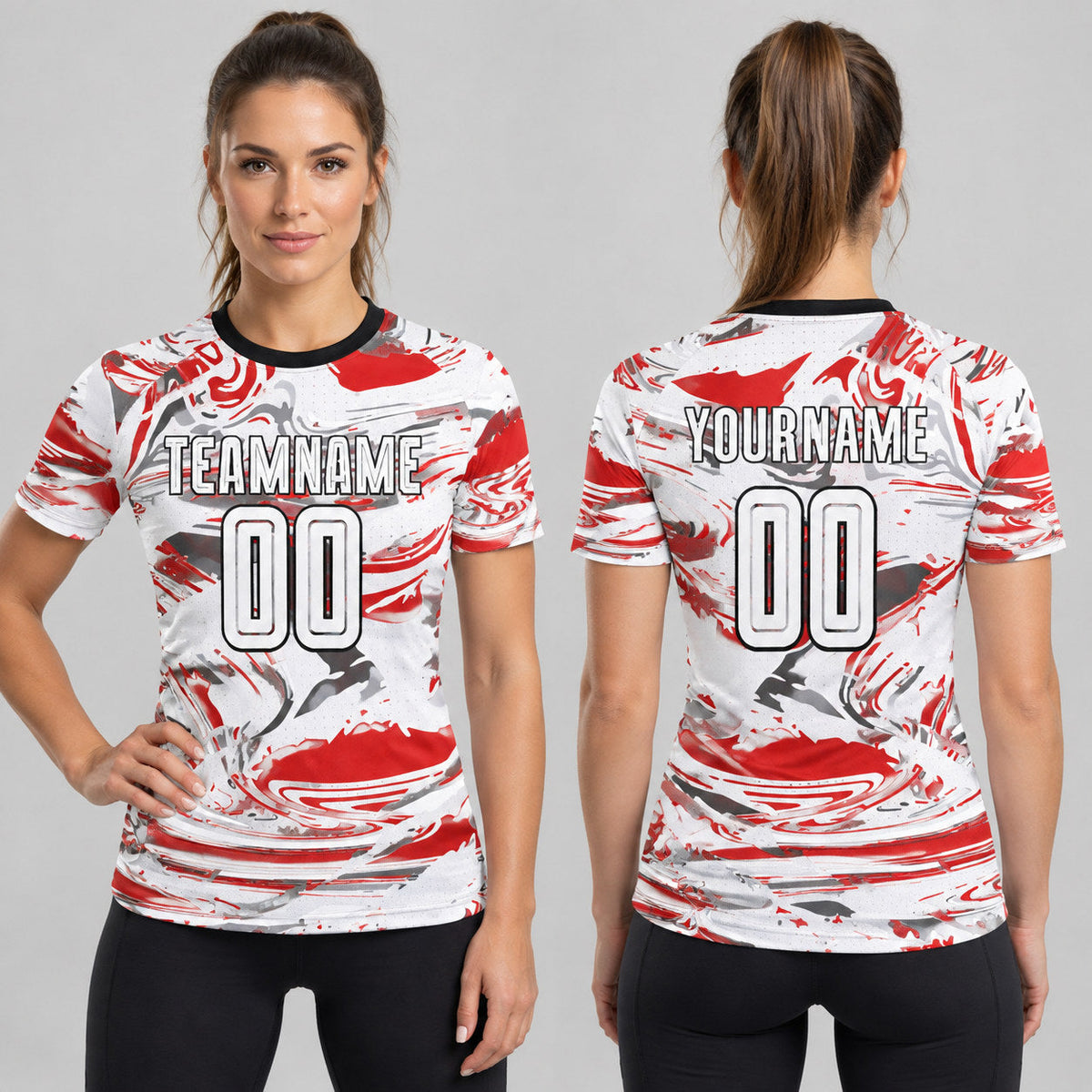Custom White and Red Figure Sublimated Soccer Jersey Design 0759 worn by female model