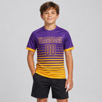 Custom Purple Fade Pinstripe Sublimated Soccer Jersey with Gold Lettering youth size worn by child model