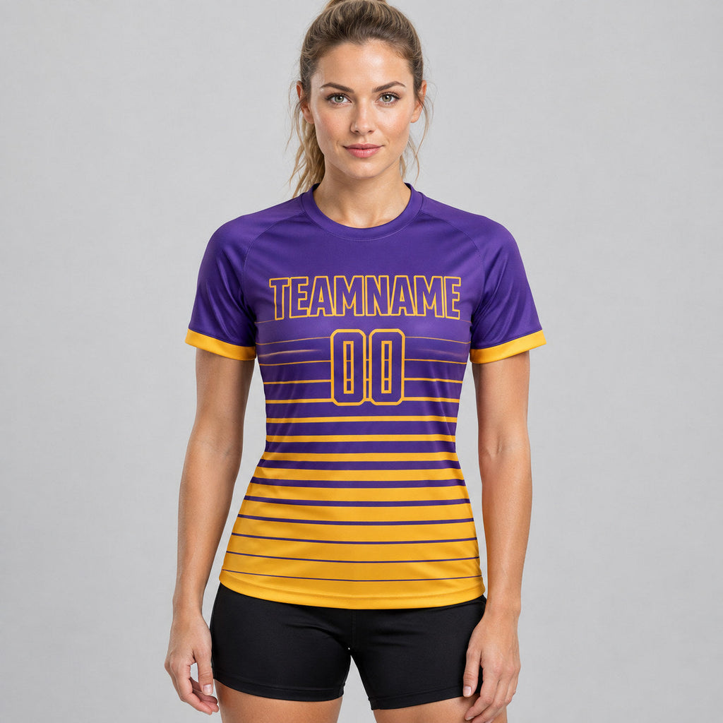 Custom Purple Fade Pinstripe Sublimated Soccer Jersey with Gold Lettering worn by female model
