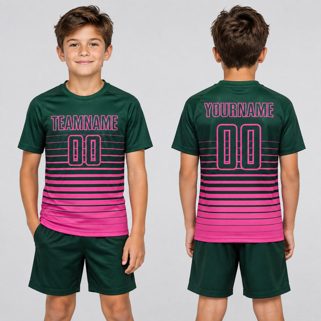 Custom Green Fade Pinstripe Sublimated Soccer Jersey with Pink Lettering youth size worn by child model