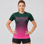Custom Green Fade Pinstripe Sublimated Soccer Jersey with Pink Lettering worn by female model