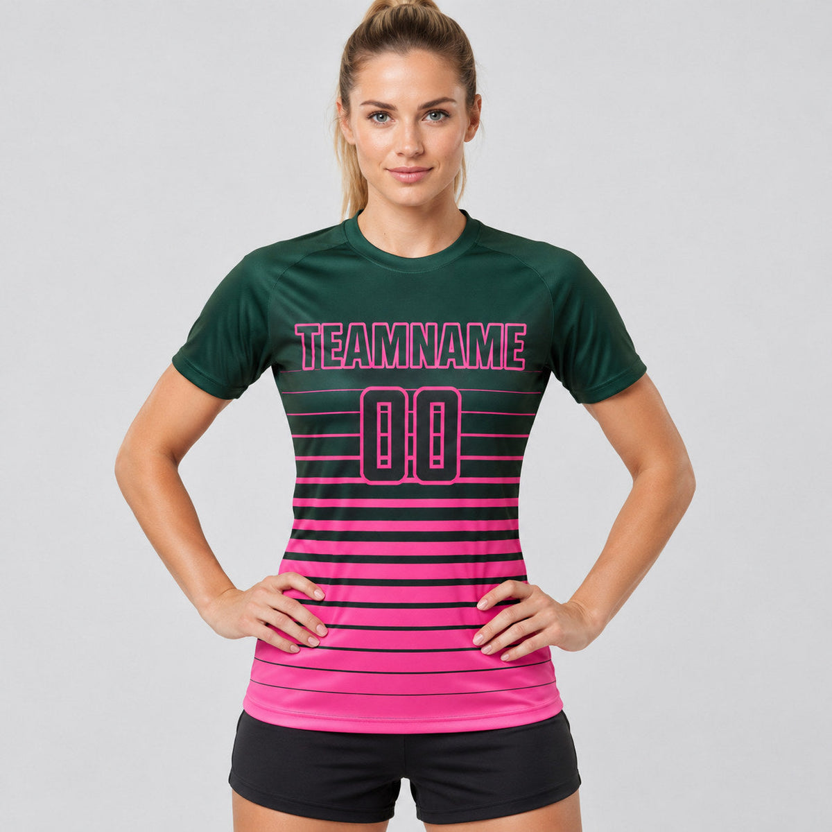 Custom Green Fade Pinstripe Sublimated Soccer Jersey with Pink Lettering worn by female model