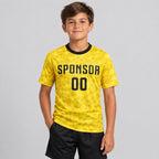 Custom Gold Sublimated Soccer Jersey with Black Lettering Design 0500 youth size worn by child model