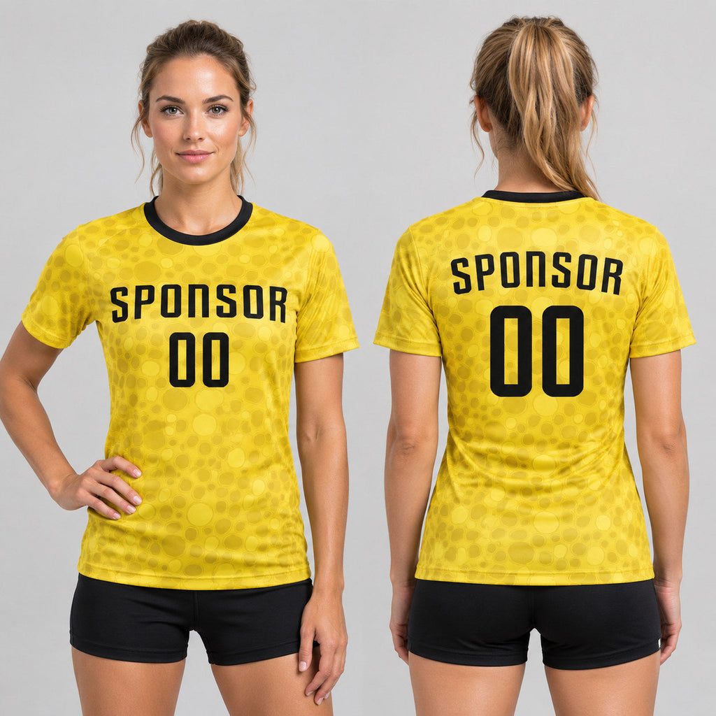 Custom Gold Sublimated Soccer Jersey with Black Lettering Design 0500 worn by female model