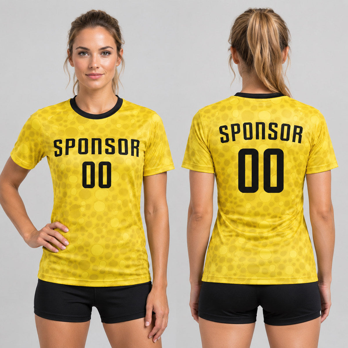 Custom Gold Sublimated Soccer Jersey with Black Lettering Design 0500 worn by female model