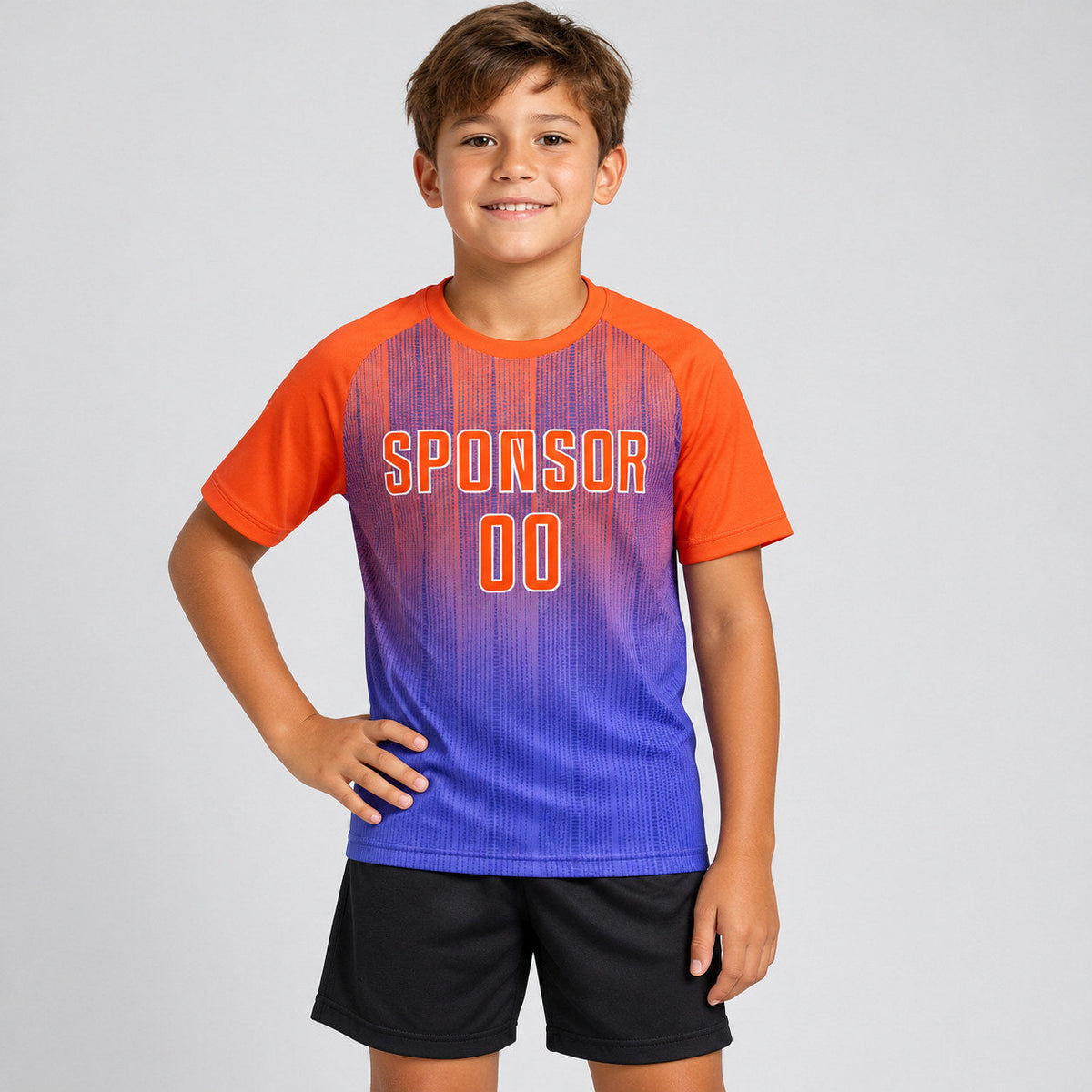 Custom Purple Sublimated Soccer Jersey with Orange and White Lettering youth size worn by child model