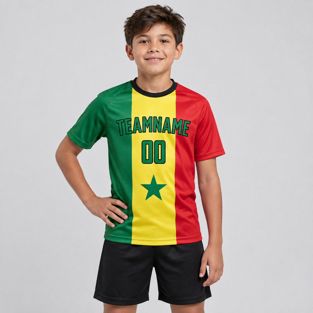 Custom Gold and Kelly Green Senegalese Flag Sublimated Soccer Jersey with Red and Black Lettering youth size worn by child model