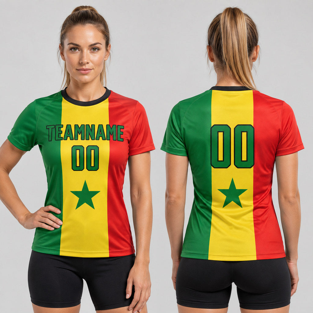 Custom Gold and Kelly Green Senegalese Flag Sublimated Soccer Jersey with Red and Black Lettering worn by female model
