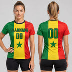 Custom Gold and Kelly Green Senegalese Flag Sublimated Soccer Jersey with Red and Black Lettering worn by female model