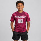 Custom Crimson Away Sublimated Soccer Jersey with White Lettering youth size worn by child model