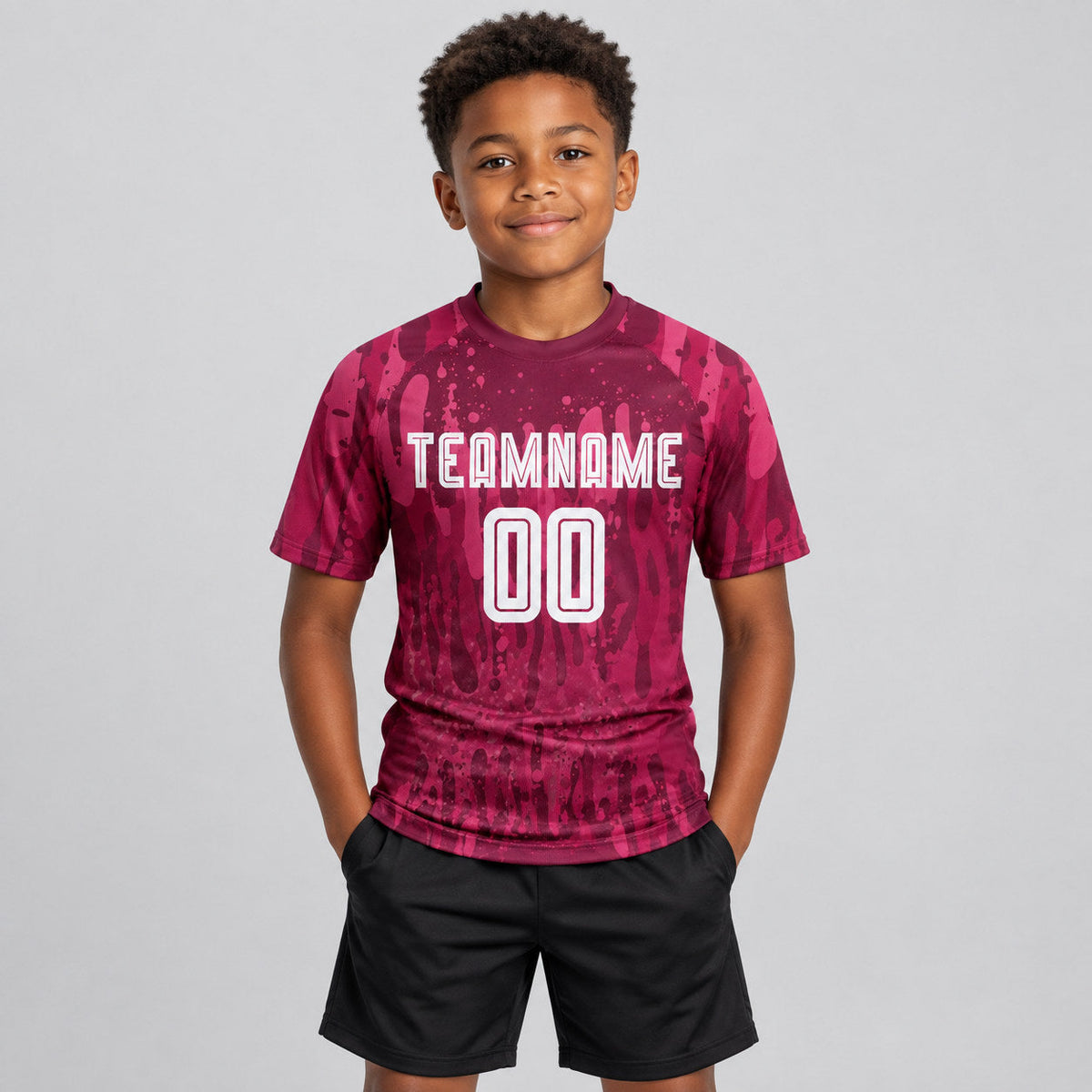 Custom Crimson Away Sublimated Soccer Jersey with White Lettering youth size worn by child model