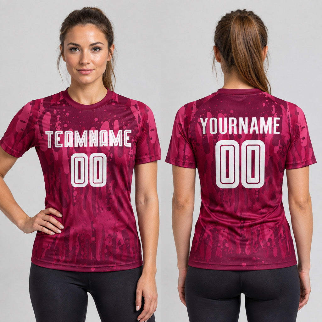 Custom Crimson Away Sublimated Soccer Jersey with White Lettering worn by female model