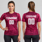 Custom Crimson Away Sublimated Soccer Jersey with White Lettering worn by female model