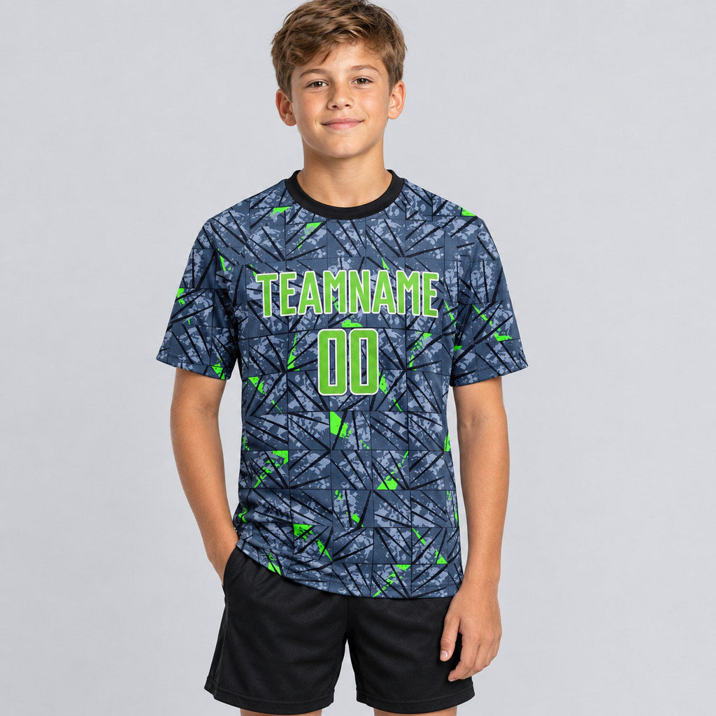 Custom Gray Sublimated Soccer Jersey with Neon Green and Black Lettering youth size worn by child model