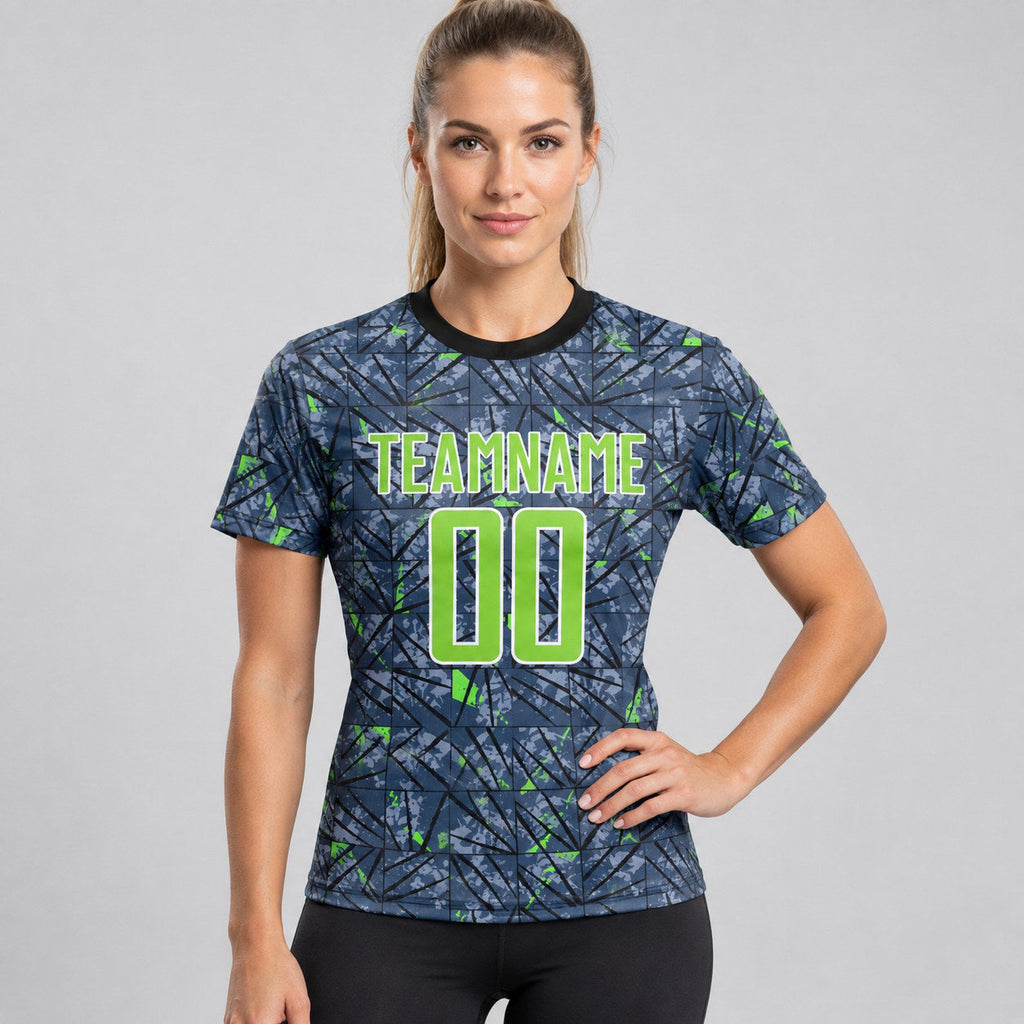 Custom Gray Sublimated Soccer Jersey with Neon Green and Black Lettering worn by female model