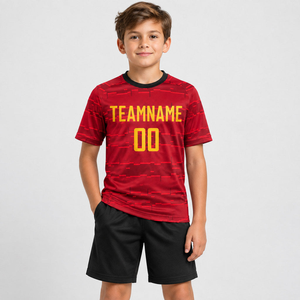 Custom Red Sublimated Soccer Jersey with Gold and Black Lettering youth size worn by child model