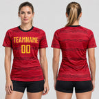 Custom Red Sublimated Soccer Jersey with Gold and Black Lettering worn by female model