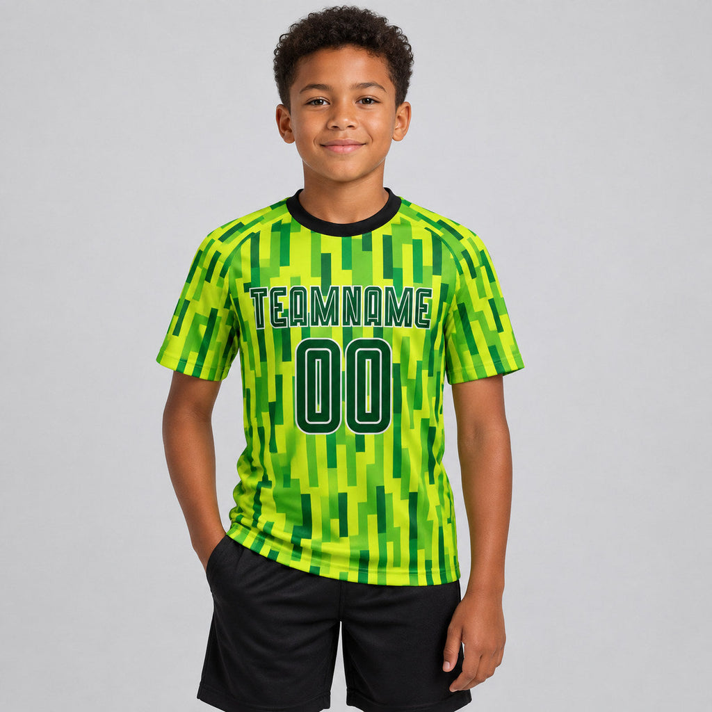 Custom Neon Green Sublimated Soccer Jersey with Green and Gold Lettering youth size worn by child model