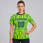 Custom Neon Green Sublimated Soccer Jersey with Green and Gold Lettering worn by female model