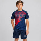 Custom Navy Sublimated Soccer Jersey with Navy and Red Lettering youth size worn by child model