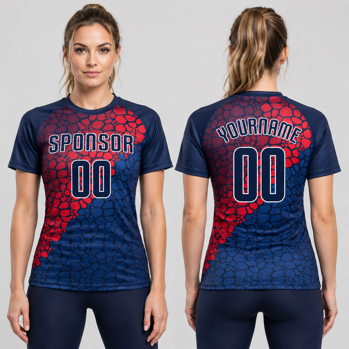 Custom Navy Sublimated Soccer Jersey with Navy and Red Lettering worn by female model