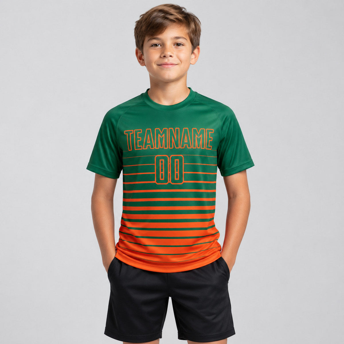 Custom Kelly Green Fade Pinstripe Sublimated Soccer Jersey with Orange Lettering youth size worn by child model