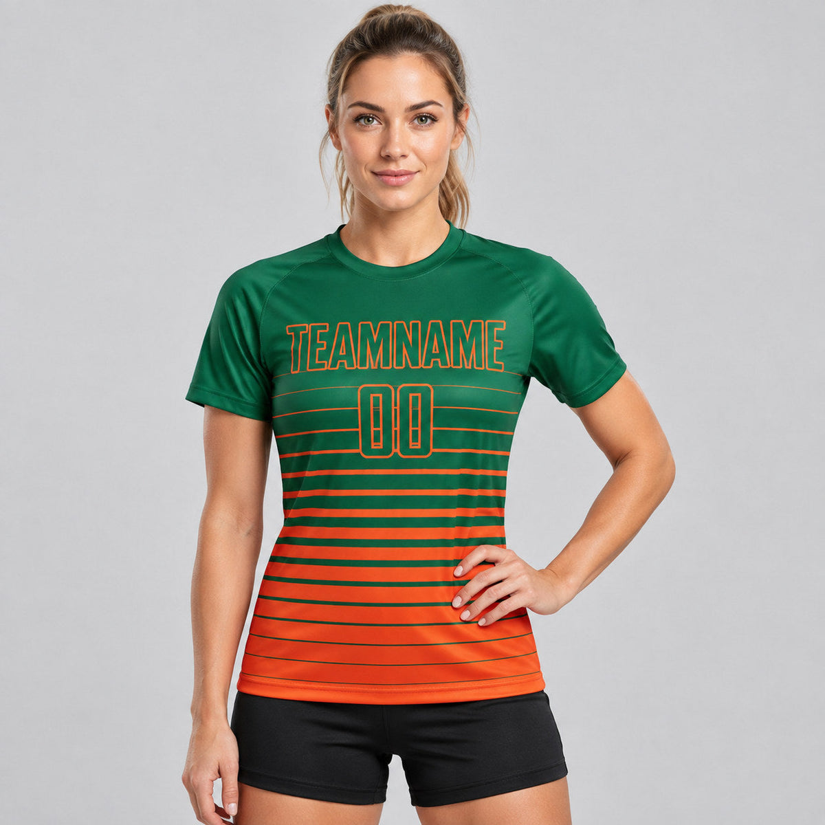 Custom Kelly Green Fade Pinstripe Sublimated Soccer Jersey with Orange Lettering worn by female model