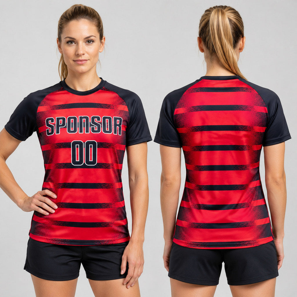 Custom Red Sublimated Soccer Jersey with Navy and White Lettering Design 0537 worn by female model