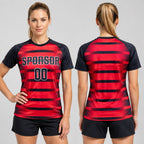 Custom Red Sublimated Soccer Jersey with Navy and White Lettering Design 0537 worn by female model
