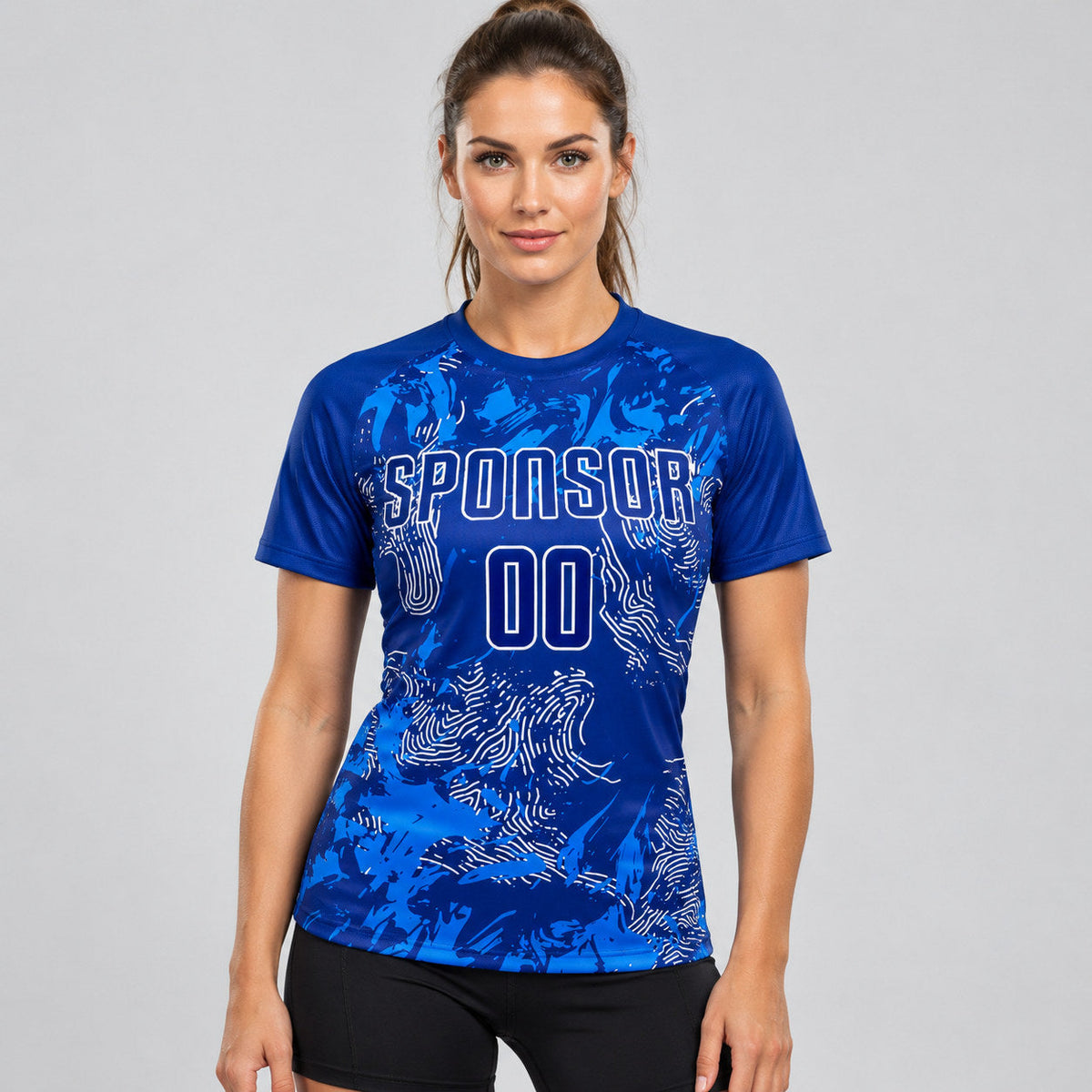 Custom Royal Sublimated Soccer Jersey with Royal and White Lettering Design 0483 worn by female model