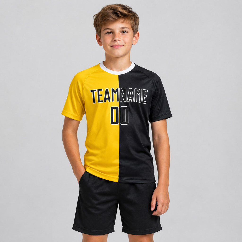 Custom Gold Sublimated Split Soccer Jersey with Black and White Lettering youth size worn by child model