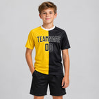 Custom Gold Sublimated Split Soccer Jersey with Black and White Lettering youth size worn by child model