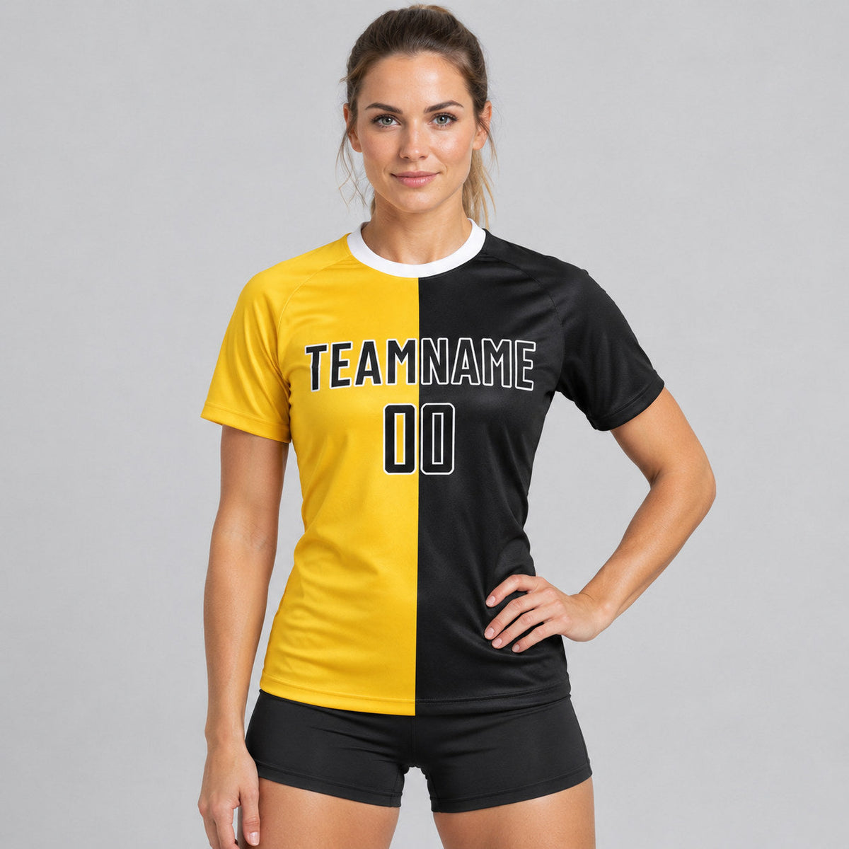 Custom Gold Sublimated Split Soccer Jersey with Black and White Lettering worn by female model