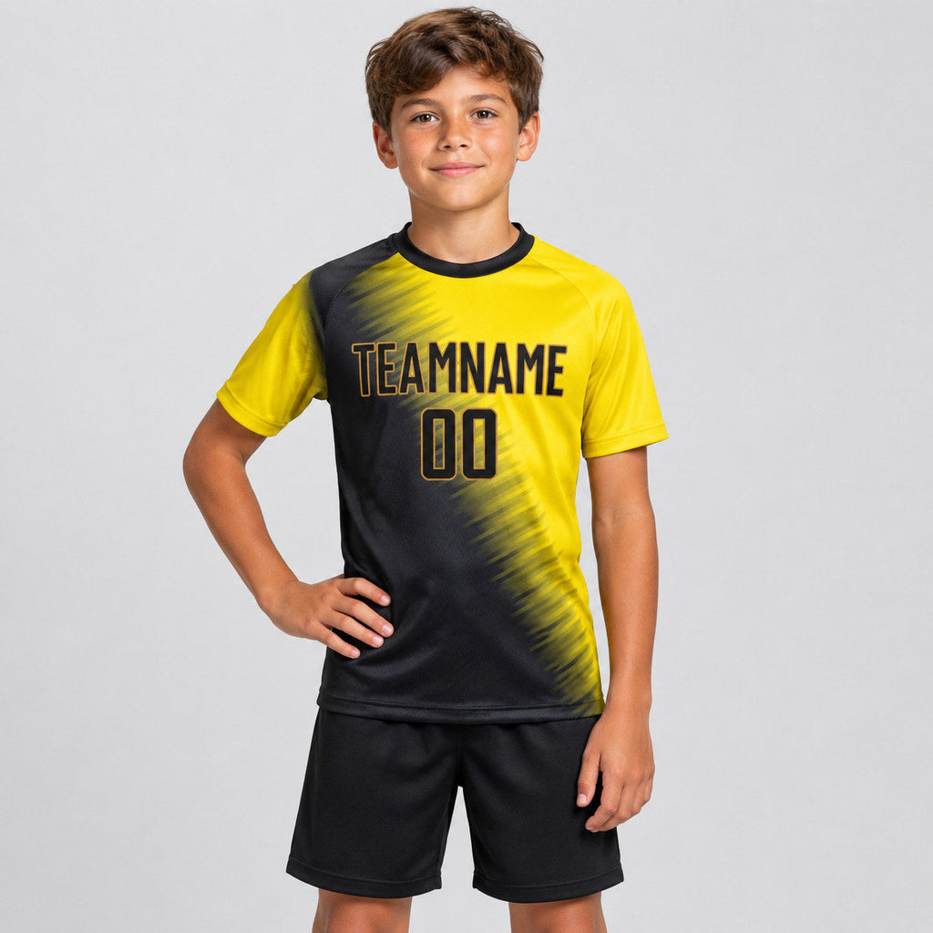 Custom Gold Sublimated Soccer Jersey with Black and Old Gold Lettering youth size worn by child model