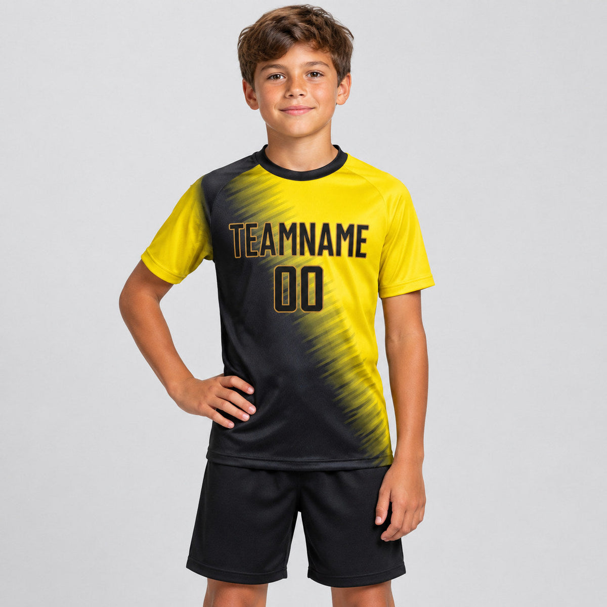 Custom Gold Sublimated Soccer Jersey with Black and Old Gold Lettering youth size worn by child model