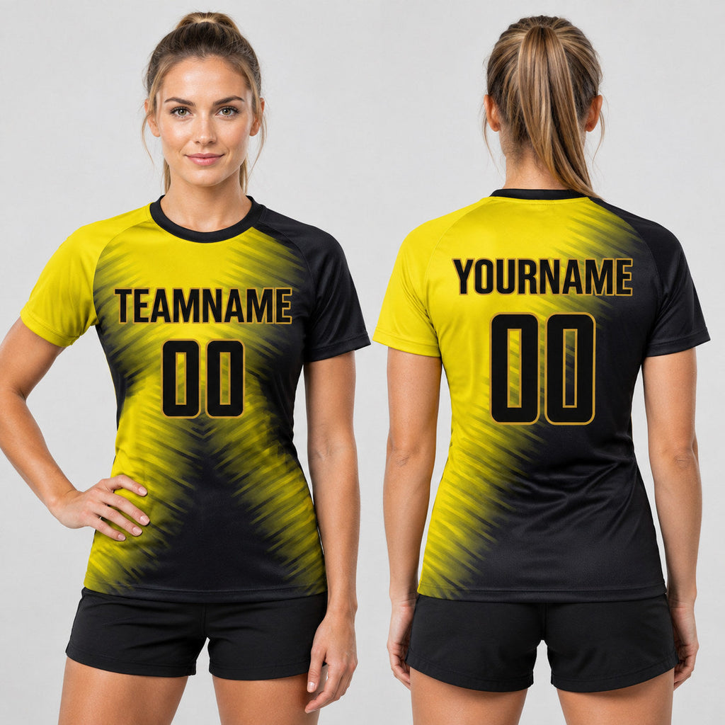 Custom Gold Sublimated Soccer Jersey with Black and Old Gold Lettering worn by female model