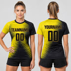 Custom Gold Sublimated Soccer Jersey with Black and Old Gold Lettering worn by female model